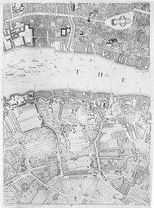 Een kaart van St Pauls en Bankside, Londen, 1746